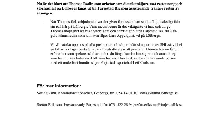 Färjestad BK toppar med tillskott från Löfbergs