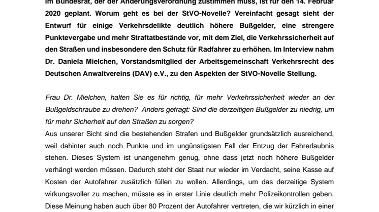 Interview mit der Verkehrsanwältin Dr. Daniela Mielchen:„Die StVO-Novelle fährt überwiegend am Ziel vorbei“