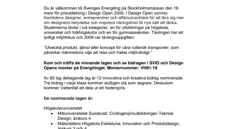 Pressinbjudan: Stor prisutdelning för Design Open på årets Energiting