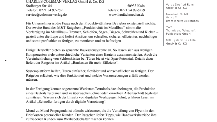 M&T-Ratgeber Produktivität im Metallbau