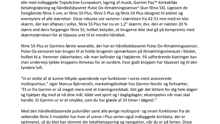 Garmin® præsenterer fēnix® 5 Plus og tilføjer kort, mulighed for musik, Garmin Pay™ 