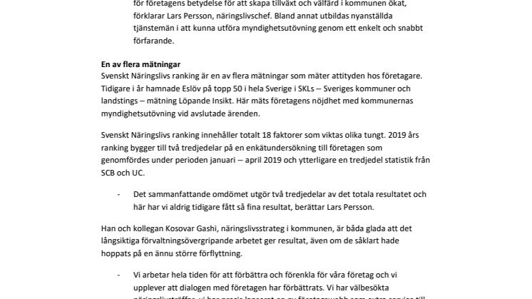 Eslöv upp 24 platser i Svenskt Näringslivs företagsranking