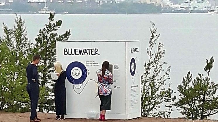 Making a sustainable fashion statement at Helsinki Fashion Week, a Bluewater water station takes water from the Baltic Sea and delivers pristine clean drinking water free of all contaminants.