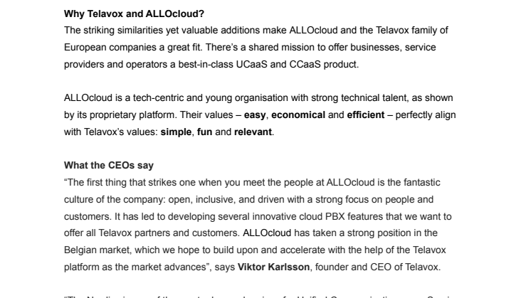 Telavox expands rapidly – acquires cloud solutions provider ALLOcloud in Belgium and France