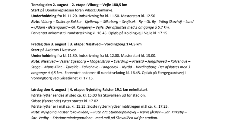 Etapeoversigt med start- og opløbstider