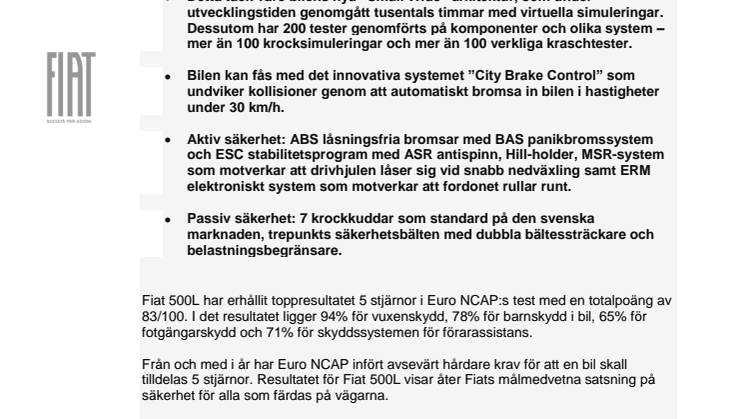 Nya Fiat 500L får 5 stjärnor i Euro NCAP
