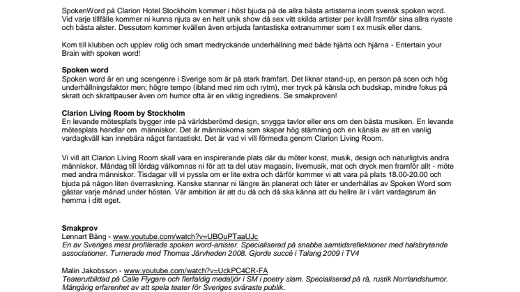 SpokenWord flyttar till Clarion Hotel Stockholm - Nypremiär torsdagen den 9 september