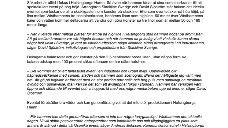  Världsunik lindans mellan containerkranar i Helsingborgs Hamn