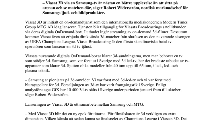 3d-tv via Viasat och Samsung