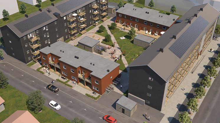 Översiktsillustration av de nya radhusen & lägenheterna, BoKlok Diamanten, Bäckby, Västerås. 