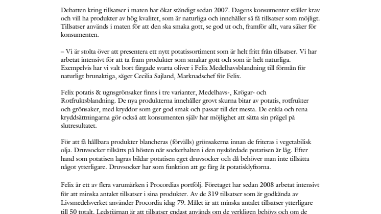 Felix lanserar potatis & ugnsgrönsaker helt utan tillsatser