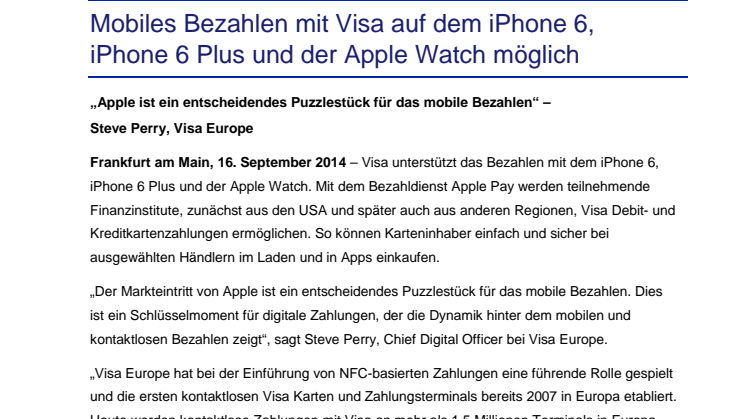 Mobiles Bezahlen mit Visa auf dem iPhone 6, iPhone 6 Plus und der Apple Watch möglich