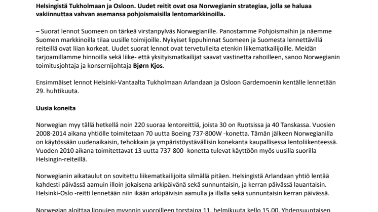 Norwegian avaa suorat lennot Helsingistä Tukholmaan ja Osloon 