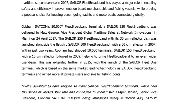 Cobham SATCOM: Cobham Delivers 50,000th SAILOR FleetBroadband Terminal