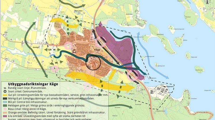 Bild: Utbyggnadsriktningar för Kåge. Kartan föreslår områden att utreda vidare i det fortsatta planarbetet. Kartan visar en första avvägning mellan olika intressen, mark- och vattenanvändning.