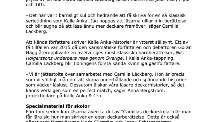 Camilla Läckberg gör debut som Kalle Anka-författare