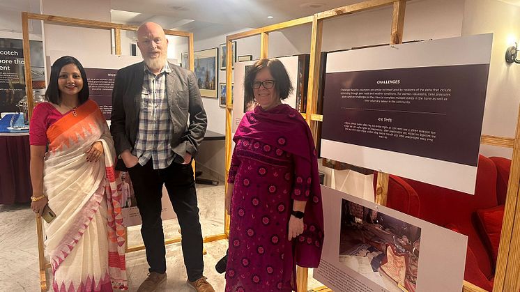 Sumana Banerjee, Professor Matt Baillie Smith and Janet Clark view the exhibition