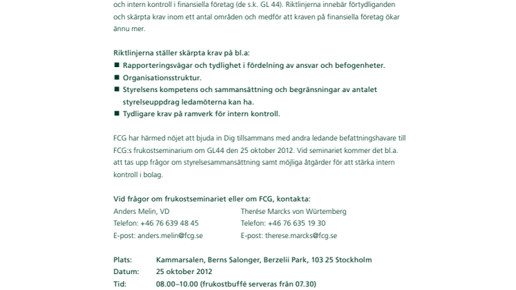 Välkommen till FCG:s frukostseminarium om EBA:s riktlinjer GL 44