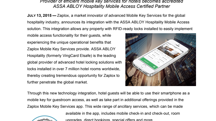 Zaplox Integrates Mobile Key Services with  ASSA ABLOY Hospitality Hotel Locking Solutions