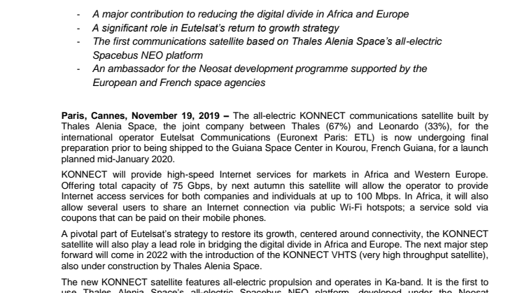 Eutelsat’s KONNECT satellite ready to ship to launch site