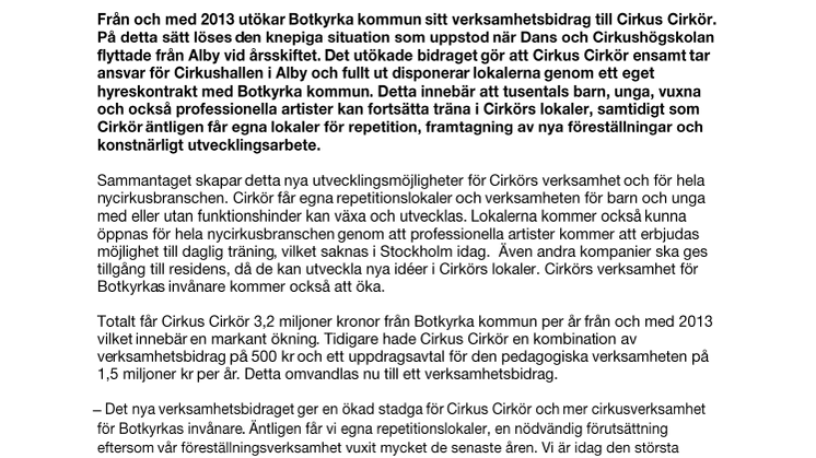 Botkyrka kommun ökar sitt verksamhetsbidrag till Cirkus Cirkör