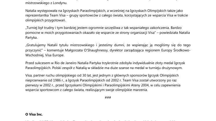 Visa gratuluje Natalii Partyce złotego medalu na Igrzyskach Paraolimpijskich