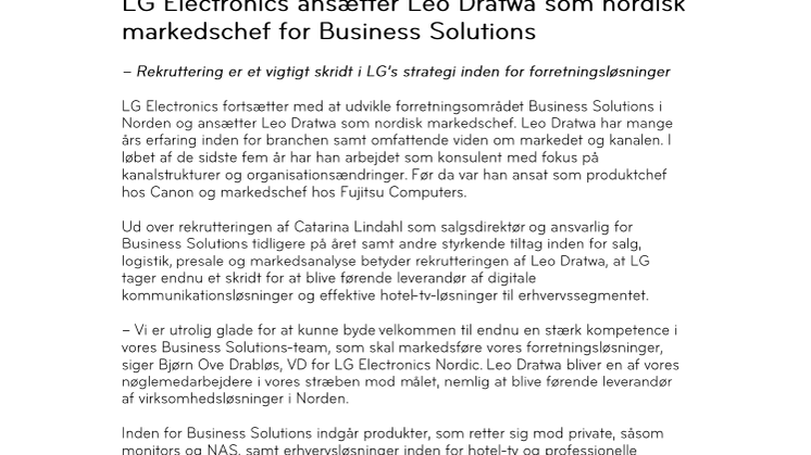 LG Electronics ansætter Leo Dratwa som nordisk markedschef for Business Solutions