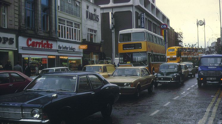 Northumberland Street at the junction of Northumberland Road in the early 1980s. The BHS/C&A building is now Primark