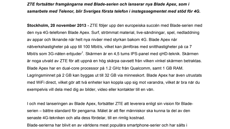 ZTE tar 4G till instegssegmentet med Blade Apex