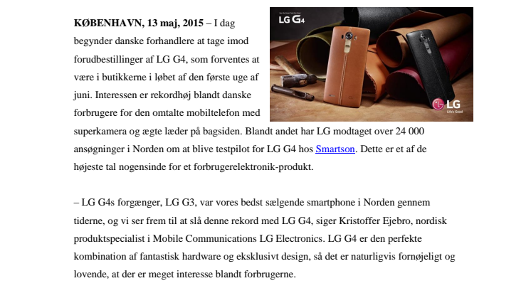 LG G4 TIL DANMARK I JUNI – PREMIERE PÅ LÆDERMOBILEN SOM ALLEREDE HAR SKABT REKORDHØJ INTERESSE 