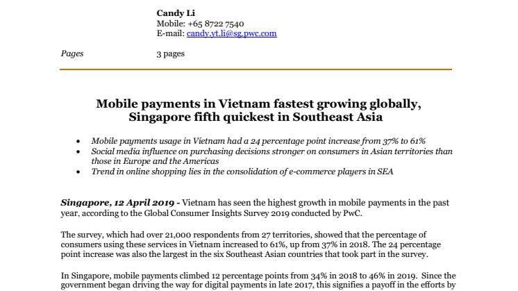 Mobile payments in Vietnam fastest growing globally,  Singapore fifth quickest in Southeast Asia  