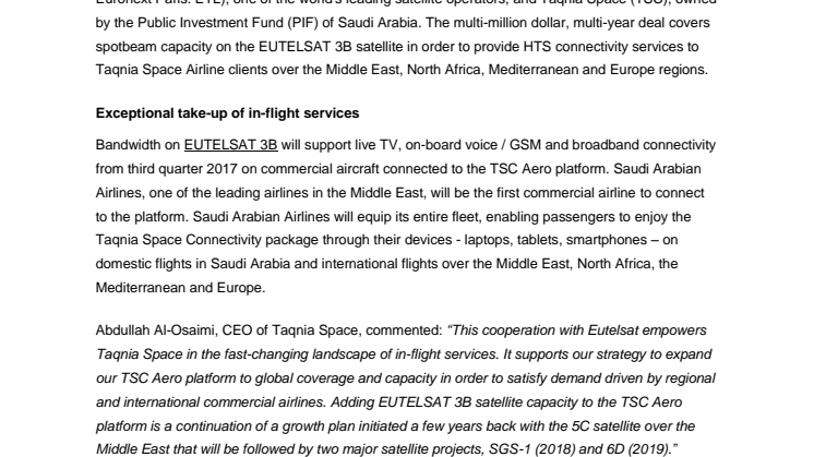 Taqnia Space selects Eutelsat to empower its HTS Aero Service over Middle East, North Africa, Mediterranean and Europe