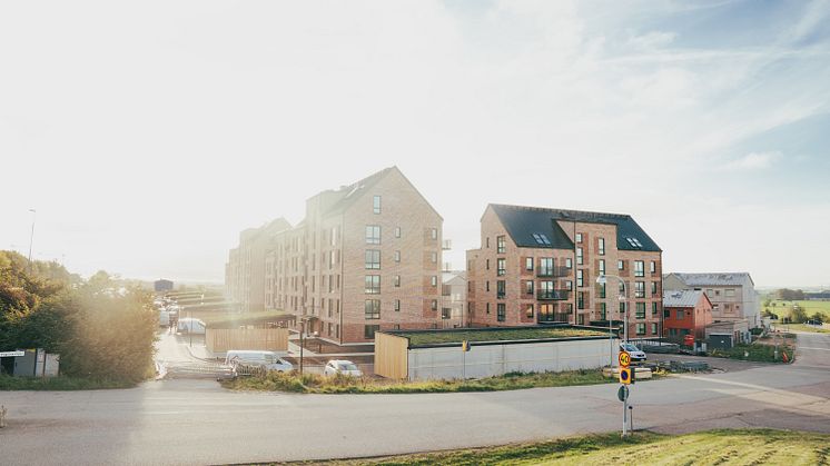 I Södra Råbylund har LKF uppfört kvarteret Pilgrimen. Från de översta våningarna har man fria vyer söderut mot Malmö och Öresund. Foto: Emma Karlsmark Elfstrand, Liljewall arkitekter.