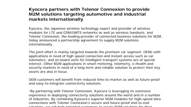 Kyocera partners with Telenor Connexion to provide M2M solutions targeting automotive and industrial markets internationally
