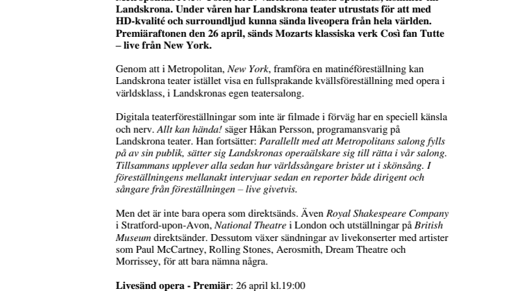 Premiär för direktsänd opera från The Met!