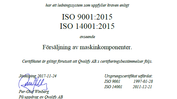 Uppgraderad ISO-certifiering till 9001:2015 & 14001:2015