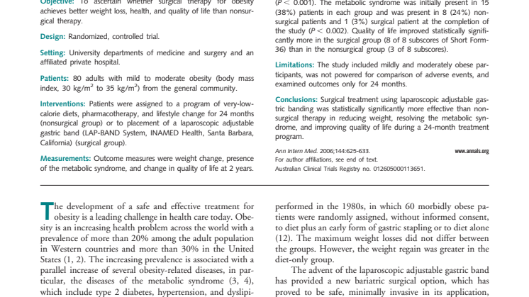 Treatment of Mild to Moderate Obesity with Laparoscopic Adjustable Gastric Banding or an Intensive Medical Program