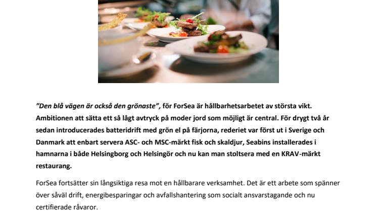ForSeas resa i hållbarhetens tecken fortsätter med KRAV-märkt restaurang