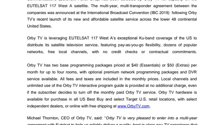 EUTELSAT 117 West A selected by Orby TV for new United States DTH satellite service 