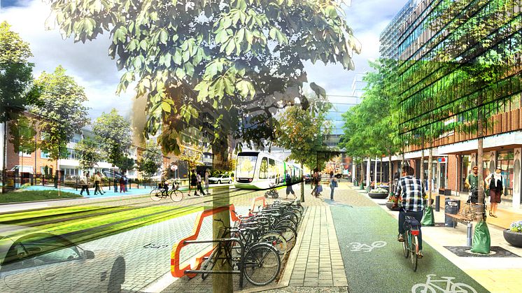 Omvandling av Lorensborgsgatan till stadshuvudgata med plats för människor, hållbara trafikslag, bostäder, arbetsplatser och grönska. Illustration: Dziugas Lukosevicius