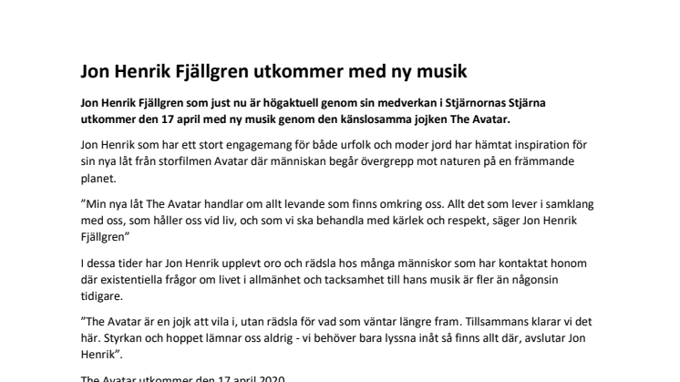 Jon Henrik Fjällgren utkommer med ny musik