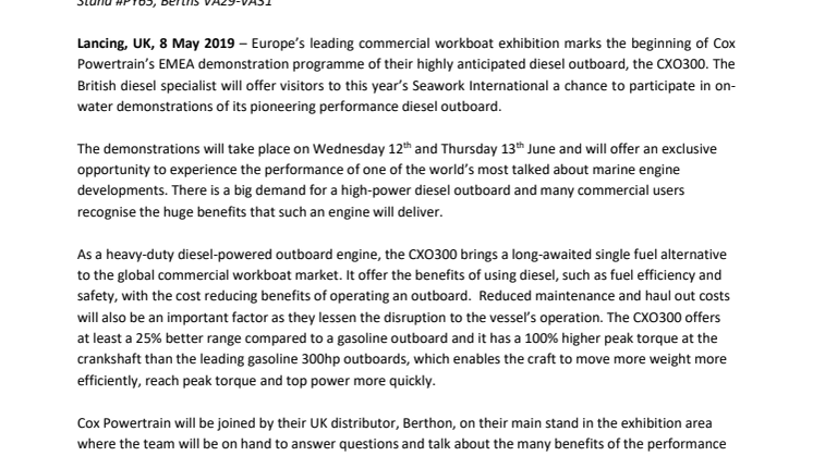 Public Demos of Cox Diesel Outboard to Commence at Seawork