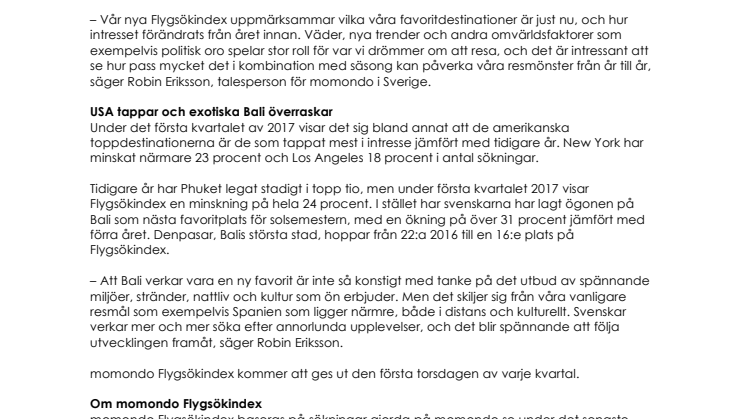 momondo Flygsökindex: Bali kan bli ny resefavorit