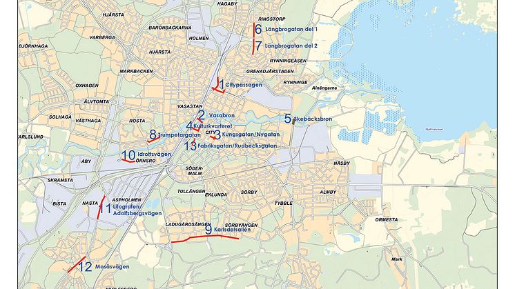 Kartan visar de vägarbeten som kommer påverka trafiken mest under 2018, och som pågår minst tre månader. De små projekten som inte påverkar trafiken lika mycket, och eventuella akuta åtgärder, är inte med.
