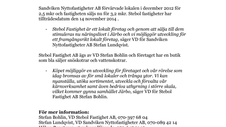 Sandviken Nyttofastigheter AB säljer fastighet i Järbo