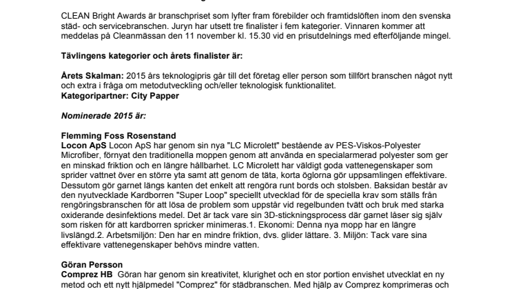 Klart med finalisterna i CLEAN Bright Awards 2015