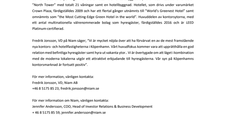 Niam köper kontors- och hotellfastighet i Köpenhamn