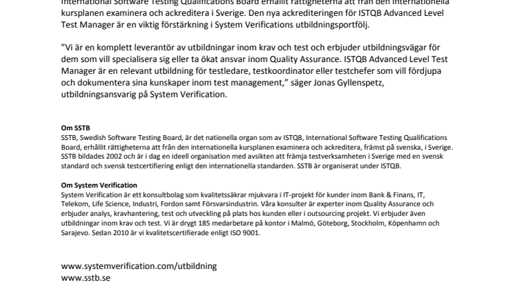 Ackrediterad kurshållare av ISTQB Advanced Level Test Manager – Syllabus 2012