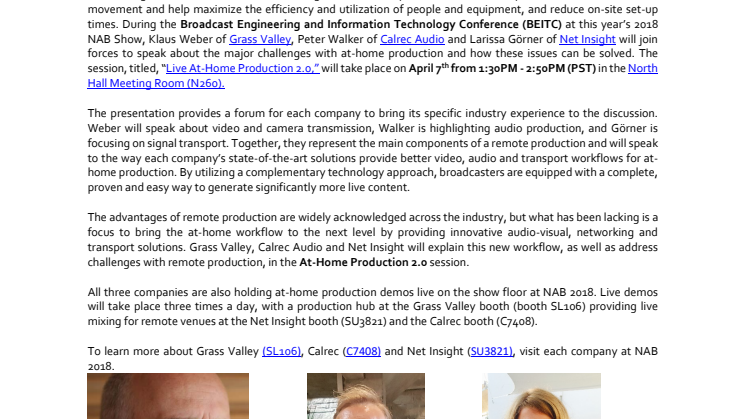 GRASS VALLEY, CALREC AUDIO AND NET INSIGHT TAKE THE STAGE AT NAB TO PRESENT THE LATEST SOLUTIONS FOR  AT-HOME PRODUCTION