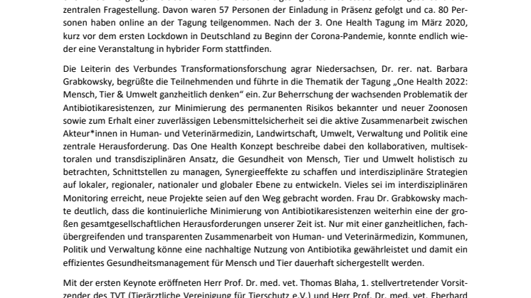 Ausführlichere Pressemitteilung - One Health Tagung: „One Health 2022: Mensch, Tier & Umwelt ganzheitlich denken“ 